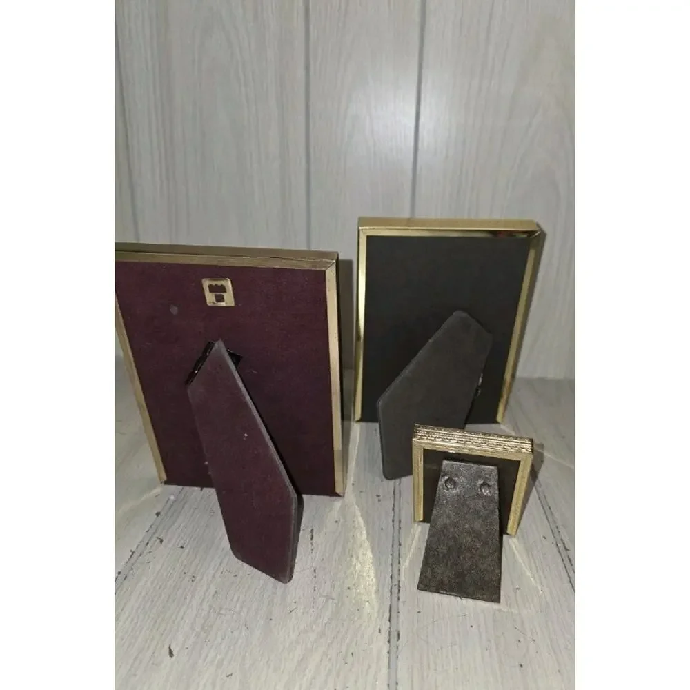 Vintage MCM Metal Brass Picture Frames Freestanding Wall Hanging Gold Set Of 3